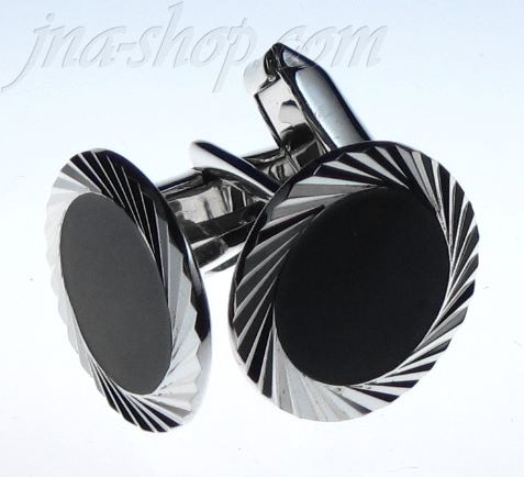 Sterling Silver Round Cufflinks w/Diamond-cut Border & Synth Bla - Click Image to Close