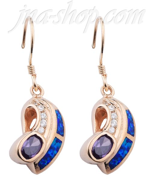Sterling Silver w/Gold Overlay Opal Inlay Earrings Amethyst CZ on French Wire - Click Image to Close