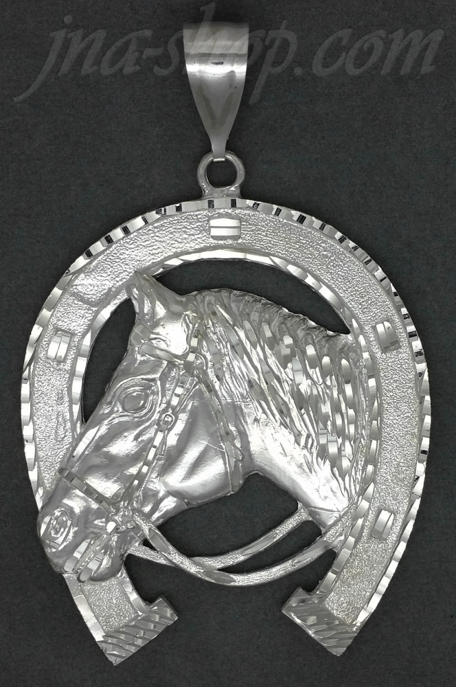 Sterling Silver DC Big Horse Head Horseshoe Charm Pendant - Click Image to Close