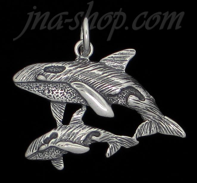 Sterling Silver Orcas Killer Whales Mother & Baby Calf Charm Pendant - Click Image to Close