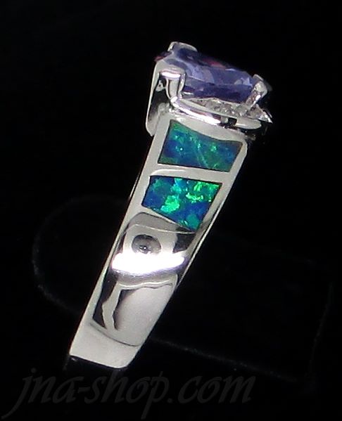 Sterling Silver Opal Inlay Ring Trilliant-Cut Amethyst CZ & Clear CZ Accents Sz7 - Click Image to Close