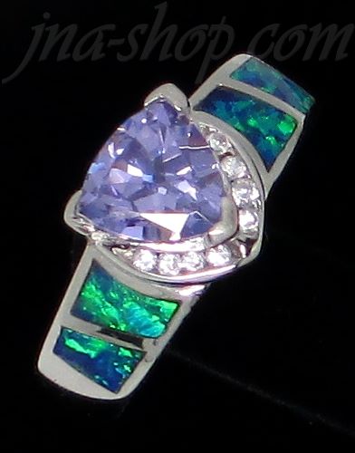 Sterling Silver Opal Inlay Ring Trilliant-Cut Amethyst CZ & Clear CZ Accents Sz7 - Click Image to Close