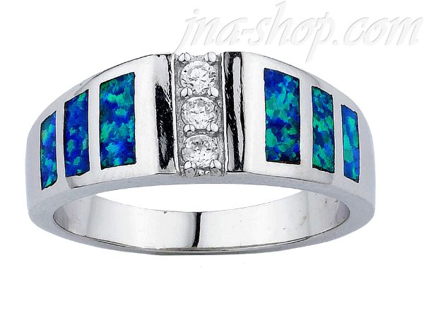 Sterling Silver Opal Inlay Ring w/3 Clear Round-Cut CZs in Center Sz 8 - Click Image to Close