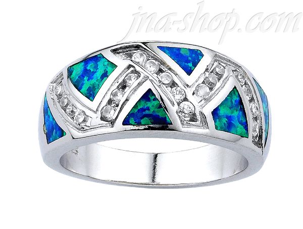 Sterling Silver Opal Inlay Ring w/ Zigzag Row of Clear CZs Sz 6 - Click Image to Close