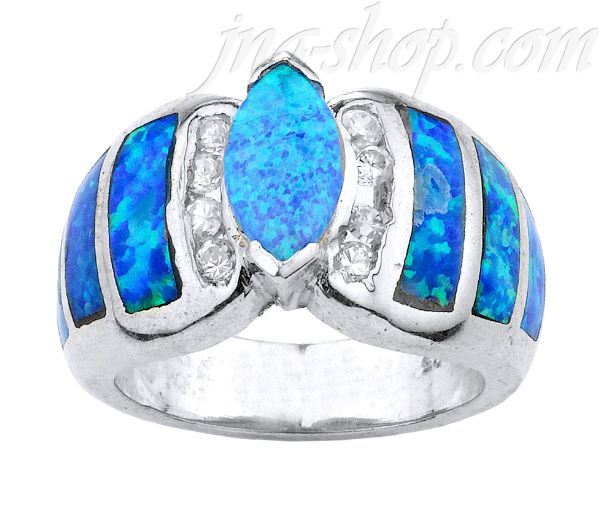 Sterling Silver Opal Inlay Ring Marquise Shaped Center Stone Clear CZ Accents Sz - Click Image to Close