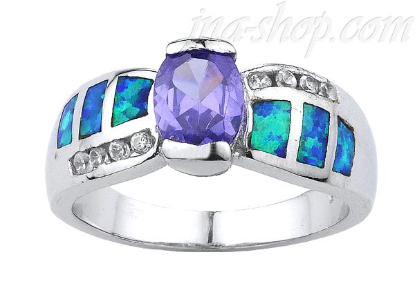 Sterling Silver Opal Inlay Ring w/Oval-Cut Amethyst CZ & Clear CZ Accents Sz 8 - Click Image to Close