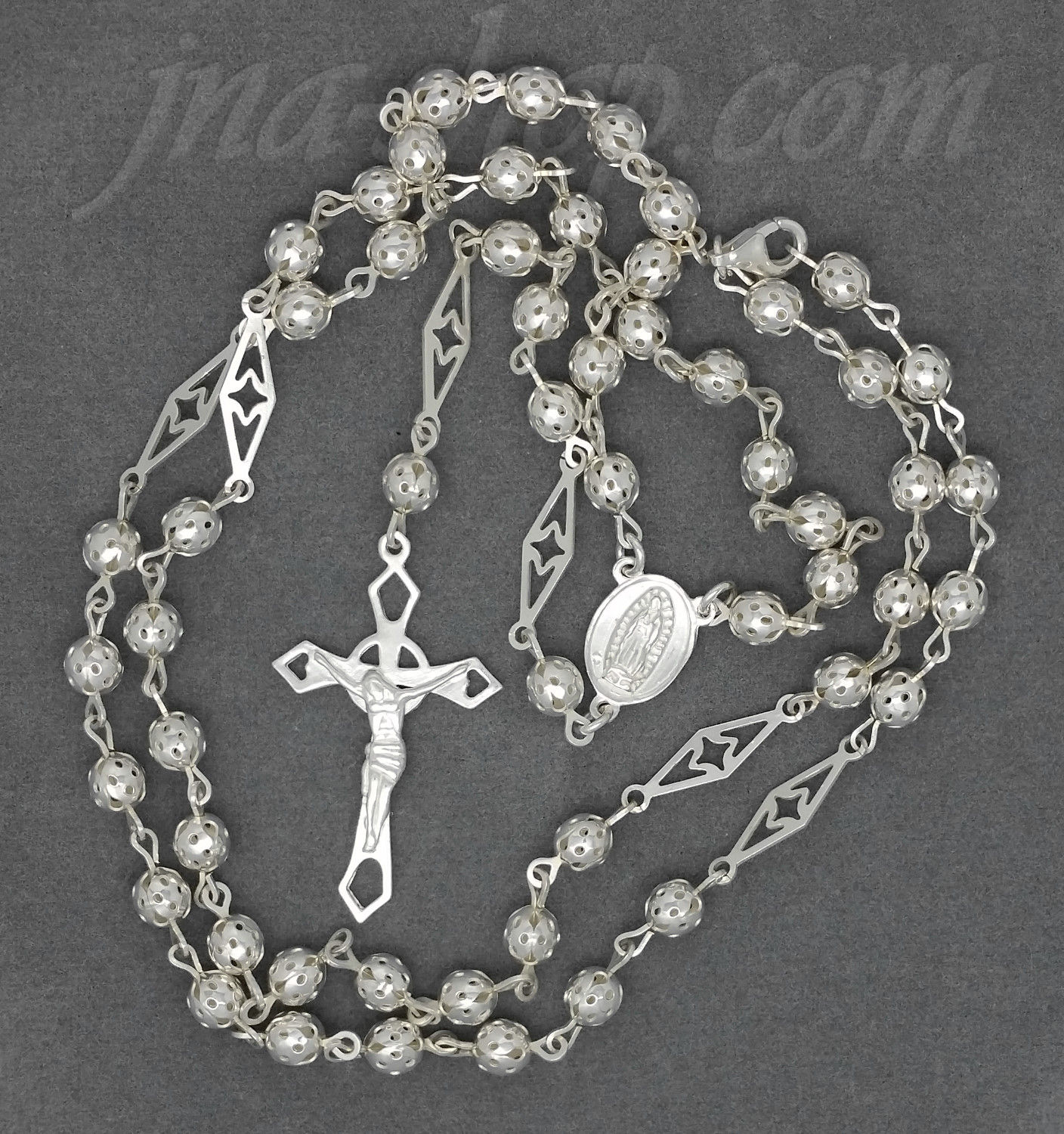 Sterling Silver 24" Crucifix & Virgin Mary Rosary 5mm Beads - Click Image to Close