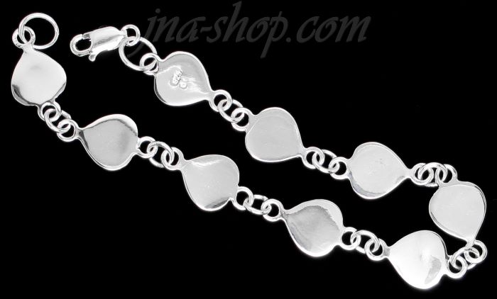 Sterling Silver 7" FLATBACK MOTHER OF PEARL HEART LINK BRACELET - Click Image to Close