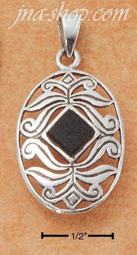 Sterling Silver OVAL FILIGREE W/ DIAMOND-SHAPED ONYX PENDANT - Click Image to Close