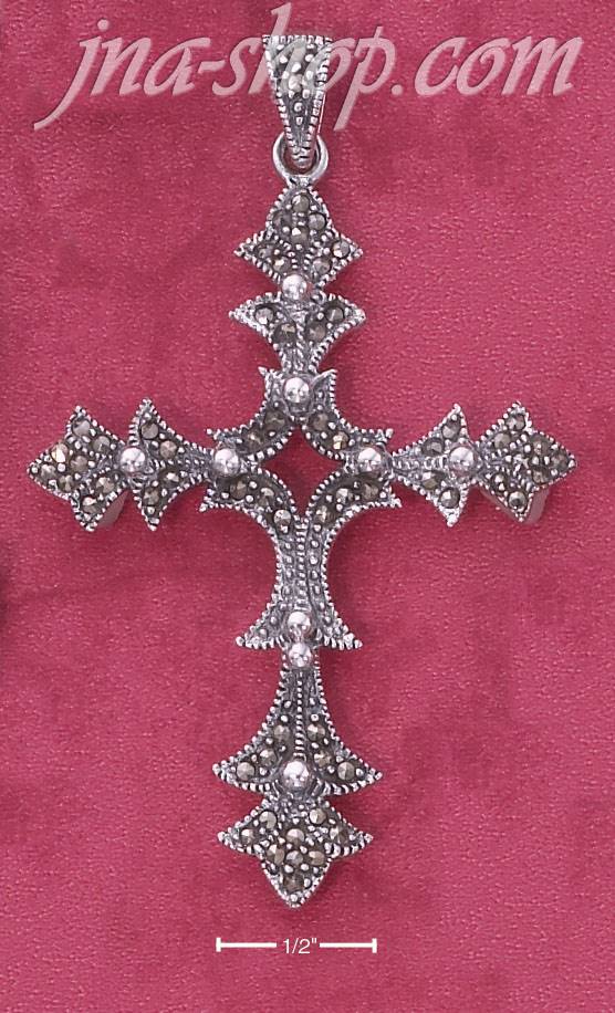 Sterling Silver POINTED MARCASITE CROSS PENDANT WITH BEADS (APPR - Click Image to Close
