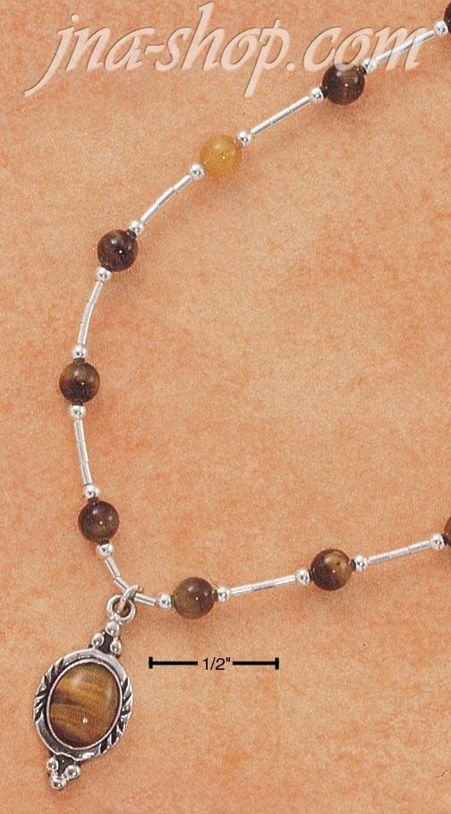 Sterling Silver 16" LIQUID SILVER W/ TIGER EYE BEADS & PENDANT N - Click Image to Close