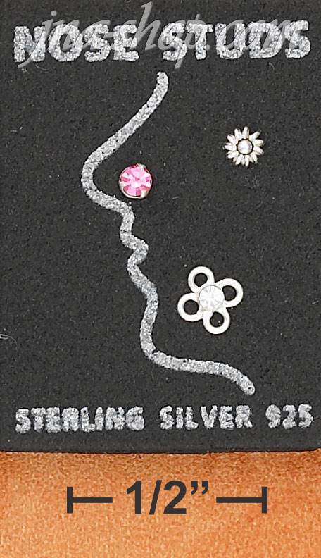 Sterling Silver NOSE SET W/ PINK CRYSTAL-PLAIN SUN & CLEAR CRYSTAL FLOWER - Click Image to Close