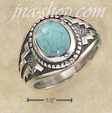 Sterling Silver OVAL TURQUOISE W/ WIDE AZTEC DESIGN SHANK - Click Image to Close