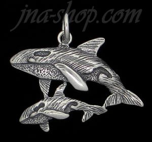 Sterling Silver Orcas Killer Whales Mother & Baby Calf Charm Pendant