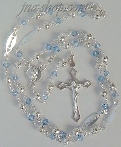 Sterling Silver 22" Crucifix & Virgin Mary Rosary w/SS and Blue