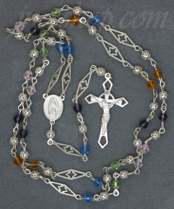 Sterling Silver 24" Crucifix & Virgin of Guadalupe Multi-colored Crystals Rosary