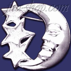 Sterling Silver Moon w/3 Stars Brooch Pin