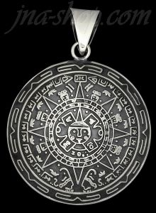 Sterling Silver Large Puffed Aztec Sun Calendar Pendant 37mm
