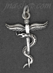Sterling Silver Rod of Asclepius Caduceus Serpent Staff Medical Profession Charm