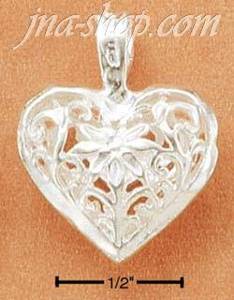 Sterling Silver 18MM DIAMOND CUT FILIGREE HEART W/ CENTER FLOWER