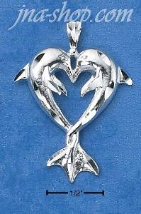 Sterling Silver DIAMOND CUT KISSING DOLPHIN PENDANT W/ ENTWINED