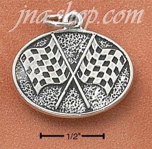 Sterling Silver ANTIQUED OVAL CHECKERED FLAGS CHARM