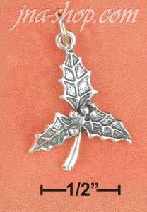 Sterling Silver ANTIQUED TRIPLE HOLLY LEAF WITH BERRIES CHARM (A