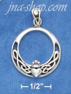 Sterling Silver ANTIQUED 15MM ROUND CROWNED HEART & CELTIC KNOTS