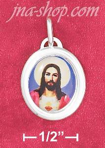 Sterling Silver 16MM HP COLORED JESUS OVAL PENDANT W/ CLEAR EXTE