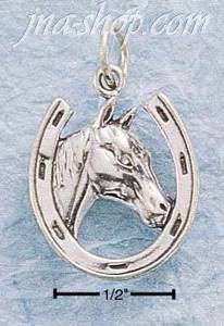 Sterling Silver ANTIQUED HORSESHOE W/ HORSE HEAD CHARM