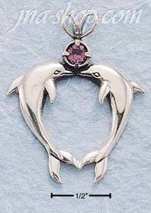Sterling Silver KISSING DOLPHINS W/ AMETHYST CHARM