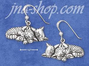Sterling Silver ANTIQUED SLEEPING KITTY COUPLE FRENCH WIRE EARRI