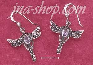 Sterling Silver MARCASITE & AMETHYST DRAGONFLY FRENCH WIRE EARRI