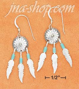 Sterling Silver CONCHO FW EARRINGS W/ TQ HESHI BEADS & FEATHERS