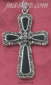 Sterling Silver LARGE MARCASITE CROSS W/ GENUINE ONYX ACCENTS