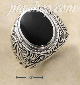 Sterling Silver MENS LG BEZEL SET OVAL ONYX RING WITH TAPERED SC