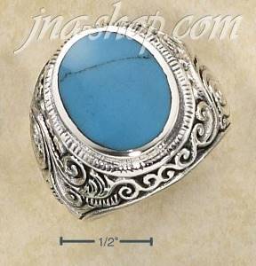 Sterling Silver MENS LG BEZEL SET OVAL TURQUOISE RING W/TAPERED