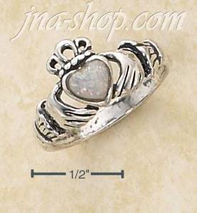 Sterling Silver SMALL ANTIQUED CLADDAGH RING W/ WHITE OPAL HEART
