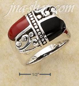 Sterling Silver ONYX & RED STONE OPPOSING SCROLLED DOME SETTING