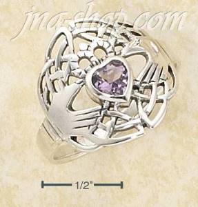 Sterling Silver MODERN CLADDAGH RING WITH HEART SHAPED AMETHYST