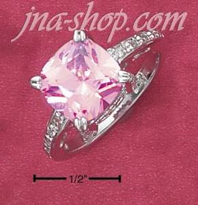 Sterling Silver 10MM PRINCESS CUT CUSHION PINK CZ RING W/ PAVE S