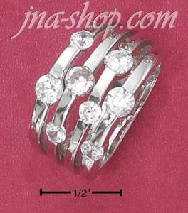 Sterling Silver 4 ROW SCATTERED CLEAR ROUND CZ TAPERED BAND