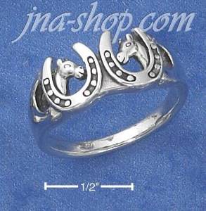 Sterling Silver DOUBLE HORSE HEADS IN HORSESHOES RING (NICKEL FR