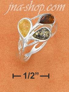 Sterling Silver MULTICOLOR AMBER TEARDROPS W/ WEAVE BAND RING