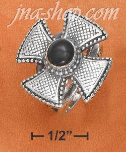 Sterling Silver TEXTURED 21MM IRON CROSS RING W/ 7MM ROUND JET &
