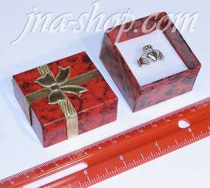 RED MARBLE CARDBOARD RING BOX W/ GOLD BOW 1 7/8" x 1 6/8" x 1 2/