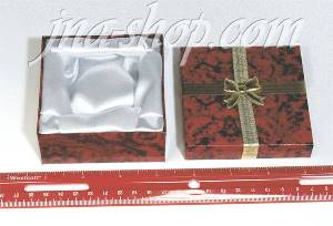 RED MARBLE CARDBOARD PIN/BRACELET BOX W/GOLD BOW 3-2/8" X 2-2/8 " X