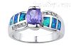 Sterling Silver Opal Inlay Ring w/Oval-Cut Amethyst CZ & Clear CZ Accents Sz 8