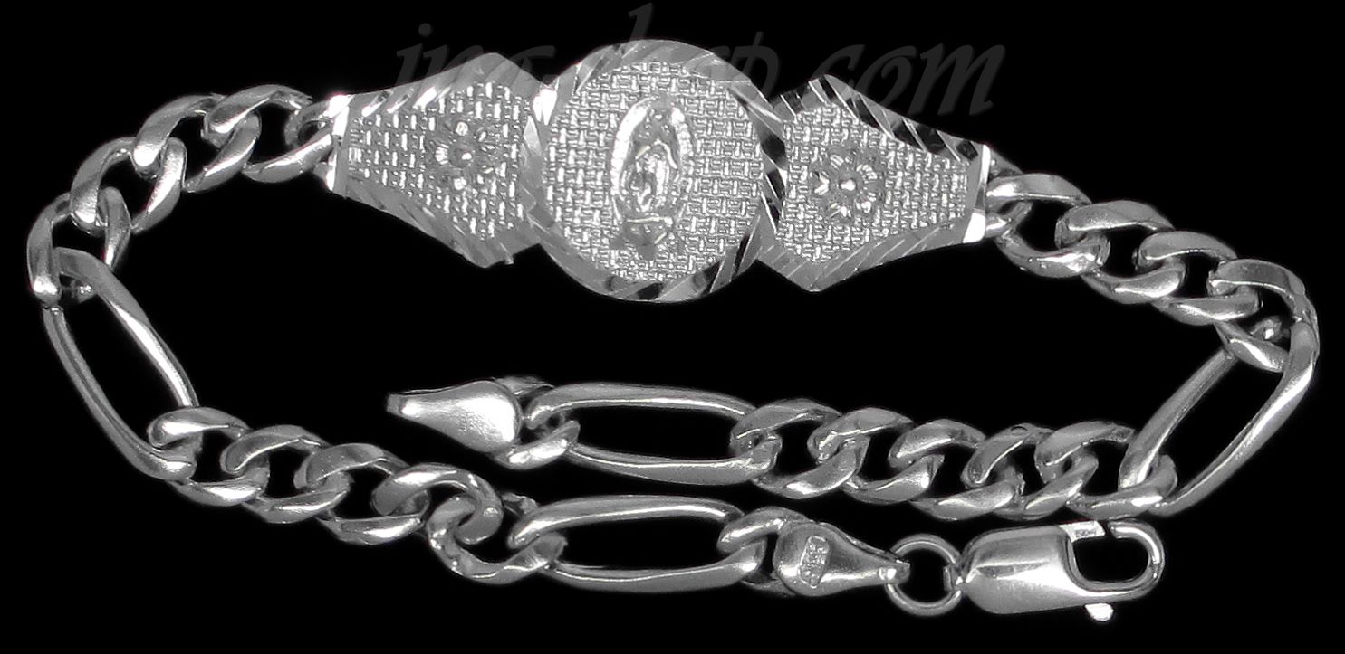 Sterling Silver 7" Diamond-cut Our Lady of Guadalupe Figaro Link Bracelet 13mm - Click Image to Close