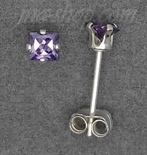 Sterling Silver 3mm Princess Cut Amethyst CZ Stud Earrings - Click Image to Close